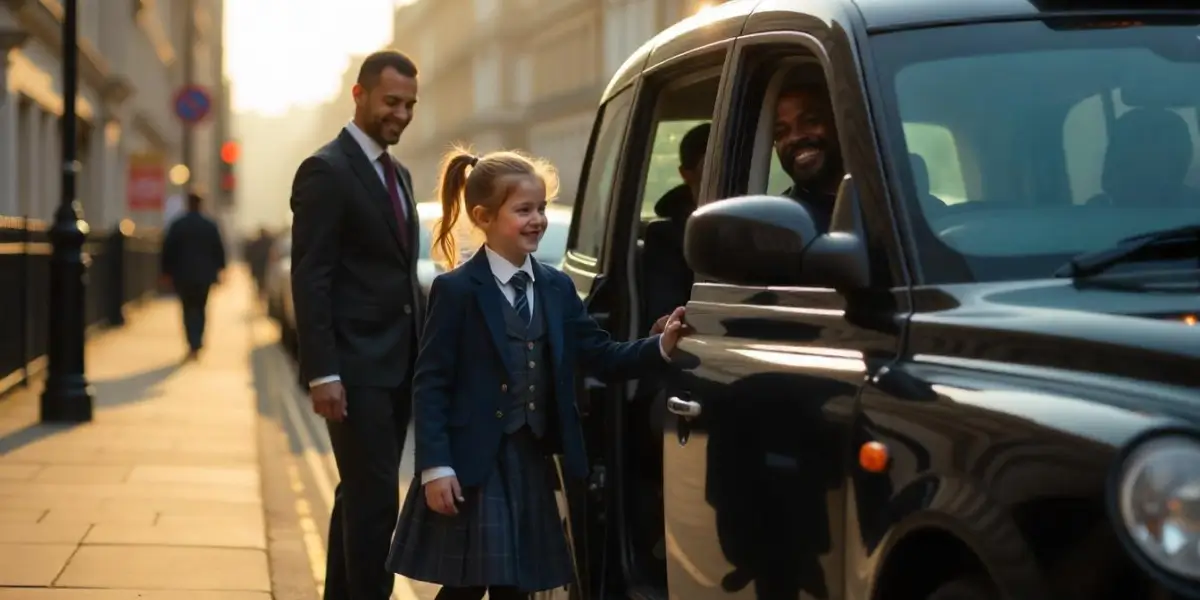 student boarding a black cab
