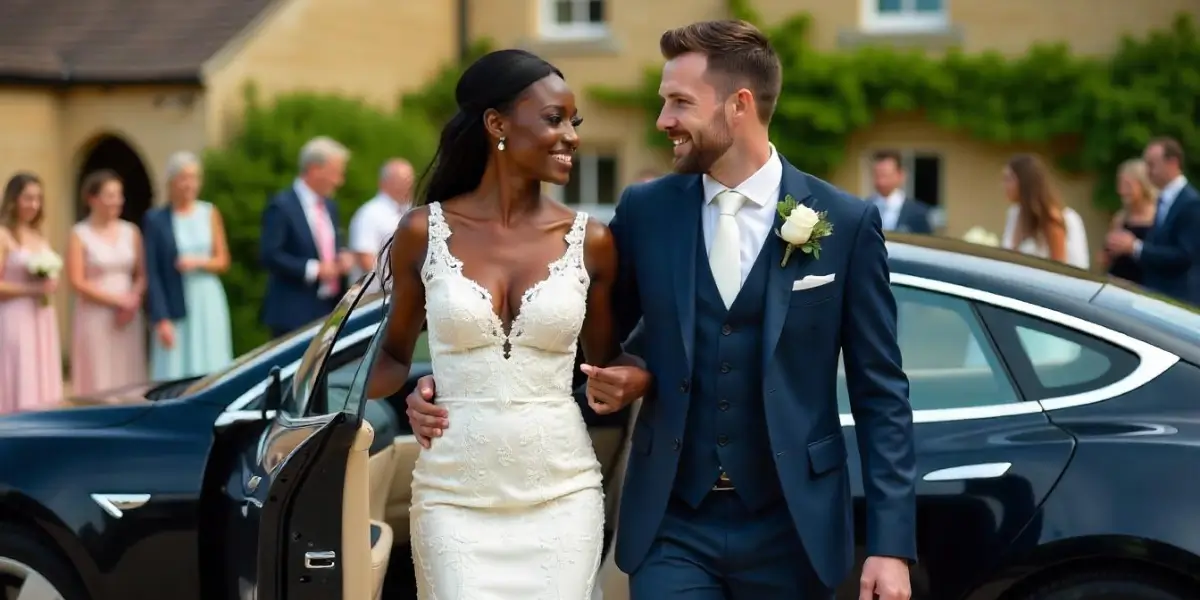 bride and groom stepping out of a car