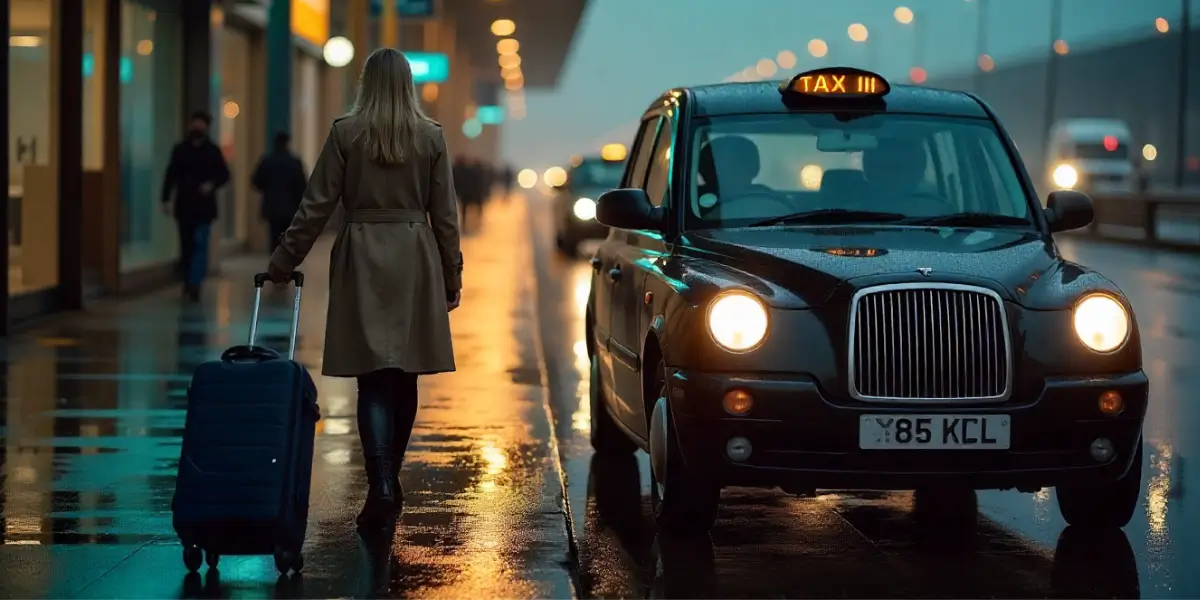 woman with suitcase walking toward taxi