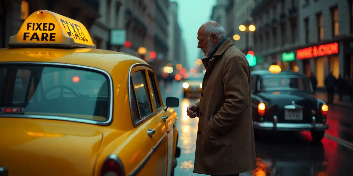 man with a taxi labeled "fixed fare"