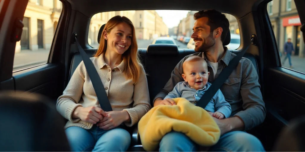 family sitting in a taxi