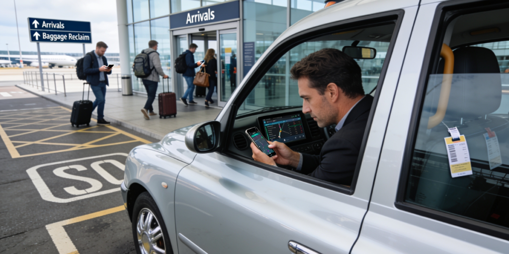 A passenger tracking his flight after booking an airport mini-cab